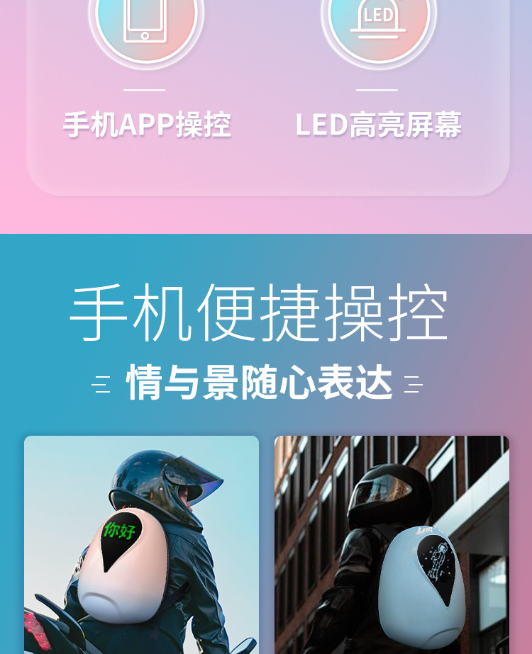 loy发光LED双肩包DIY动画女生骑行硬壳除菌防水休闲机车头盔背包详情5