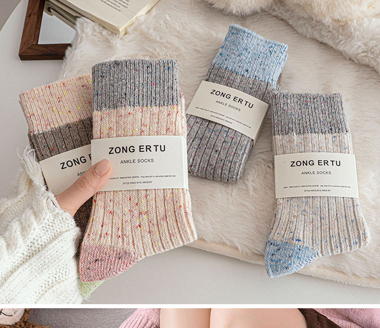 秋冬季新款羊毛袜子女中筒袜加绒加厚保暖点子纱拼色羊绒堆堆袜女详情1