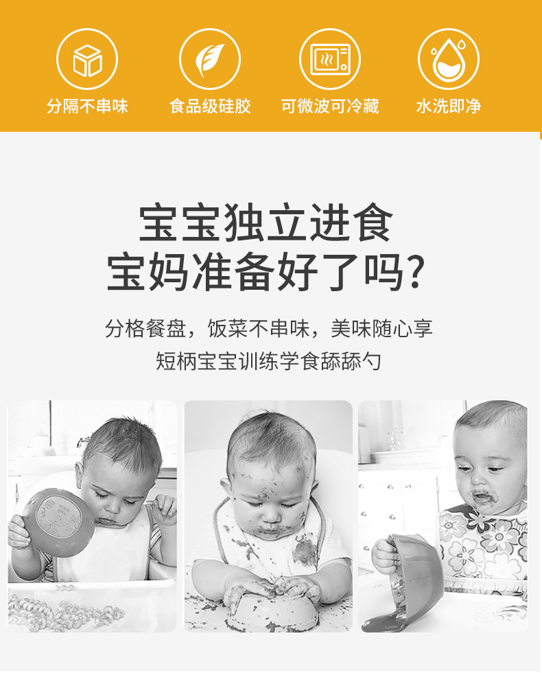 新款硅胶一体式分格盘吸盘宝宝餐盘创意糖果色防摔防烫儿童餐具详情2