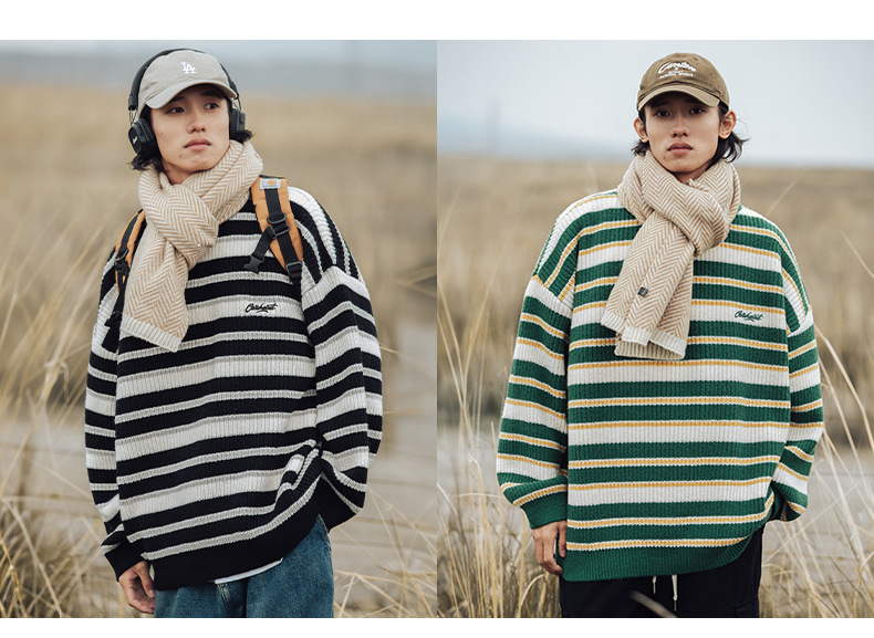 Retro color-blocking striped chunky knit sweater for both men and women, Japanese loose trendy round-neck knitted sweater jacket for autumn and winter pic 10