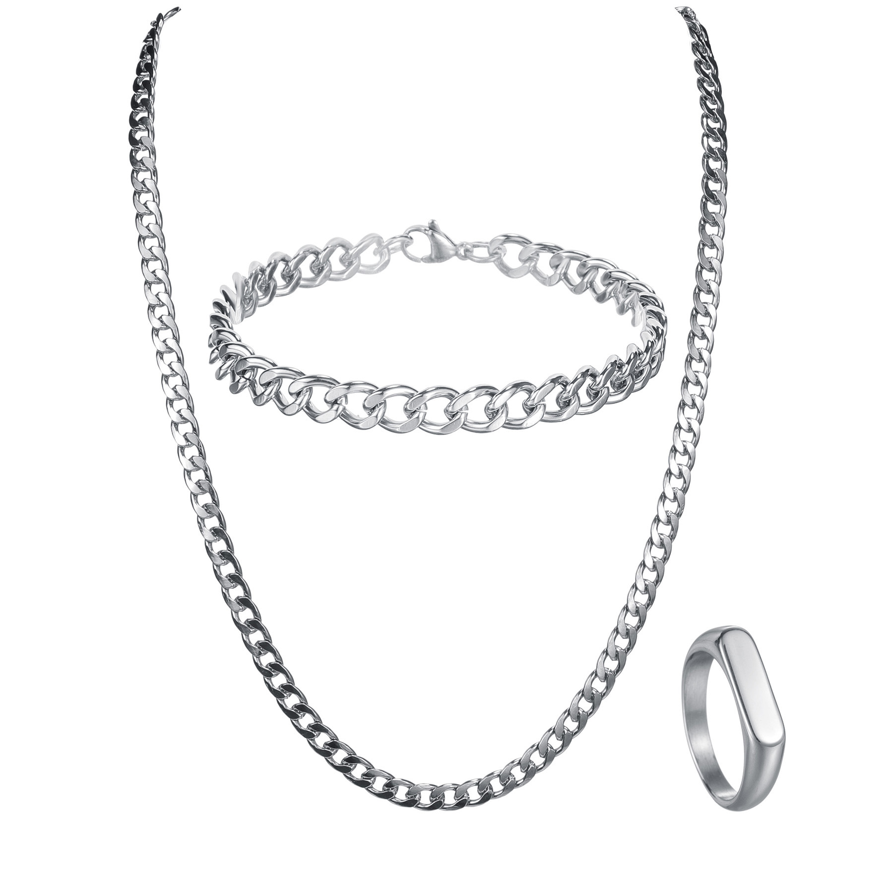 A three-piece titanium steel necklace and bracelet set with a neutral hip-hop style from Europe and America, a cross-border bestseller from Shein pic 7