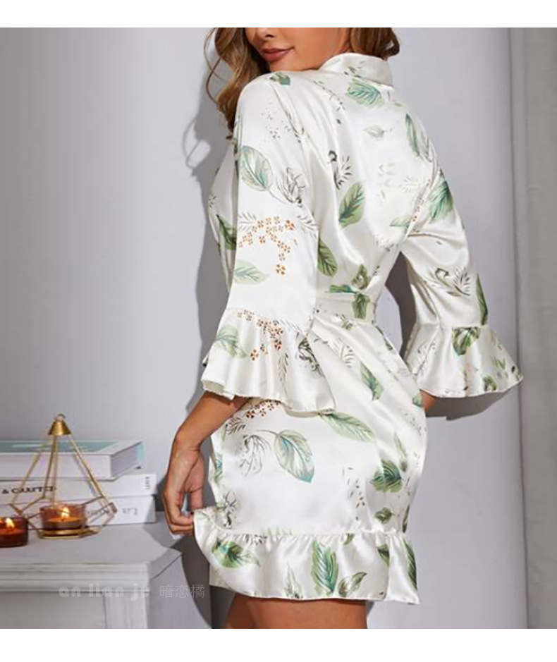 Amazon cross-border Sardinian printed leaf-edge pajamas for women, summer silk bathrobes and bathrobes for home wear 6057 pic 22
