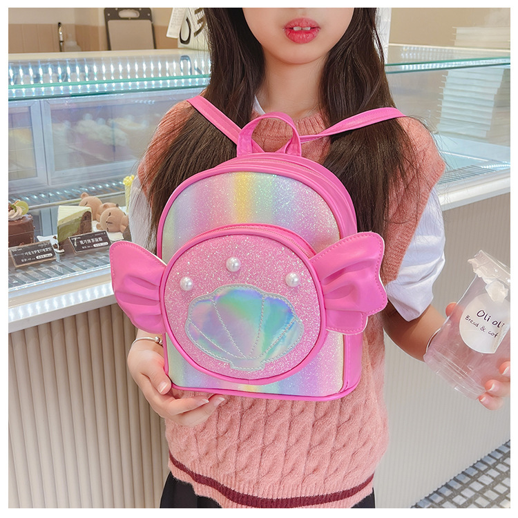 Rainbow gradient sequin backpack, pearl shell pattern, pink bow, outdoor hiking canvas schoolbag, lightweight and durable pic 28