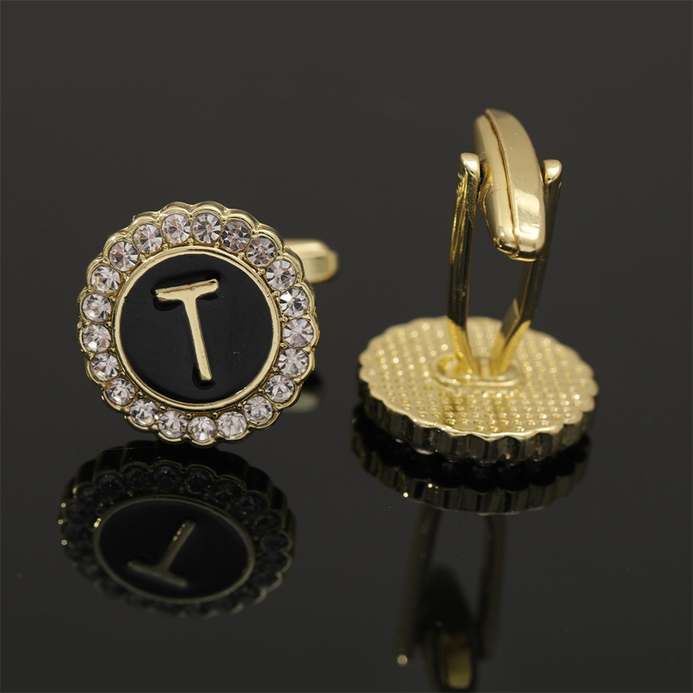 大写字母袖扣圆形镶钻袖钉合金滴油男士衬衫扣26英文字母A-Z配饰详情40