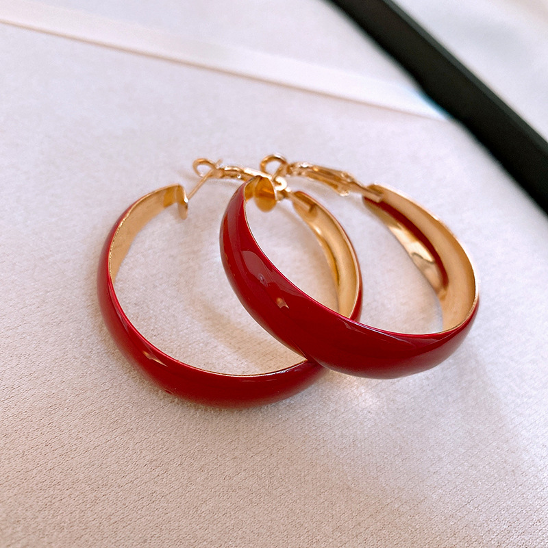 银针安可拉红色滴油宽面圆形耳环港风高级感耳圈简约气质潮流耳饰详情5