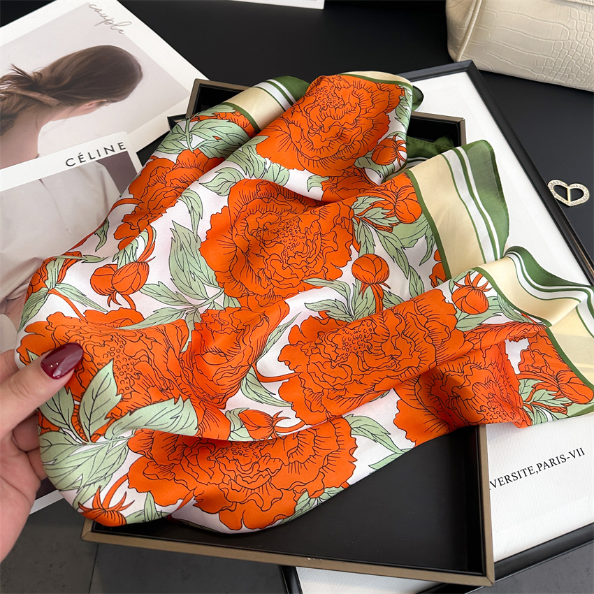 National trend peony flower small silk scarf, spring and summer satin versatile scarf, thin sun-protective headscarf, 70cm faux silk square scarf pic 3