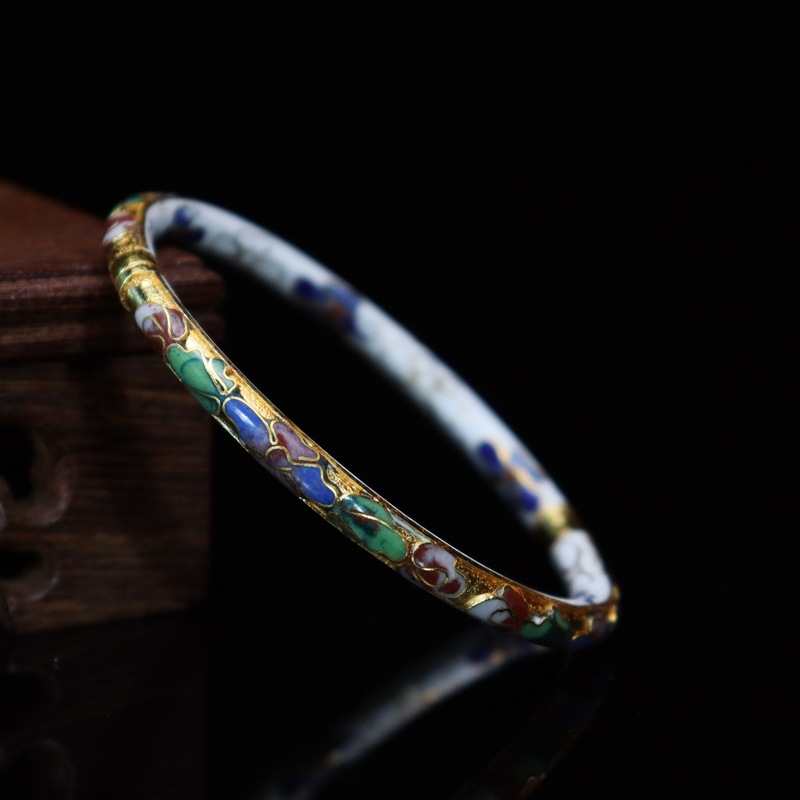 Beijing Cloisonne vintage collectibles, classical ethnic style copper body cloisonne enamel jewelry, gold base open bracelet pic 5