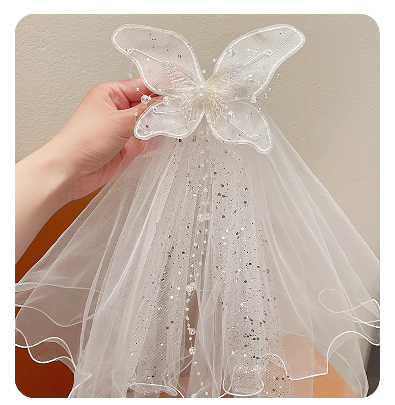 儿童公主裙头纱蝴蝶结发卡宝宝生日婚纱花童发夹超仙发饰儿童头饰详情3