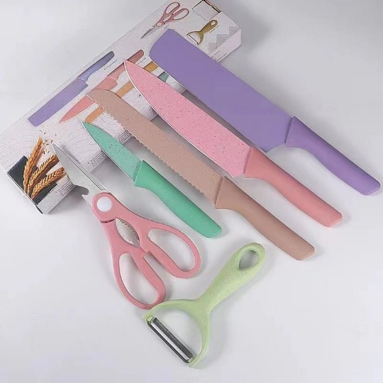 Stainless steel gift knife set, macaron knives, wheat straw six-piece knife set, colored wheat straw six-piece knife set pic 1