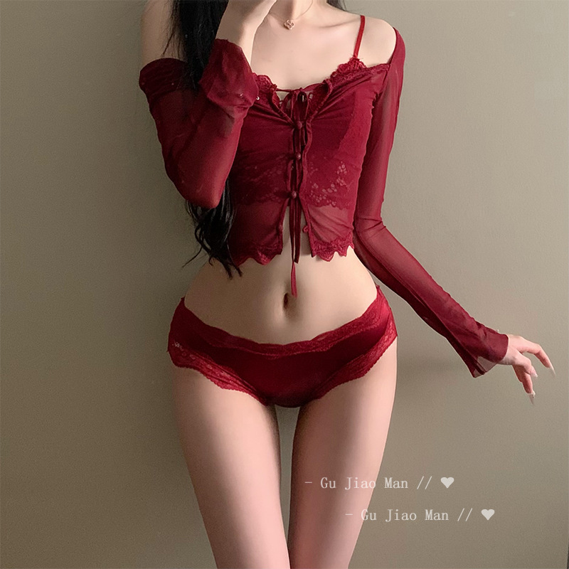 新年组合安可拉红性感高奢缎面蕾丝内裤女纯欲镂空诱惑火辣本命年详情6