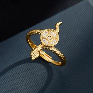 A niche high-end gold brushed snake opening ring, copper alloy, real gold electroplated with zircon, adjustable ring pic 2