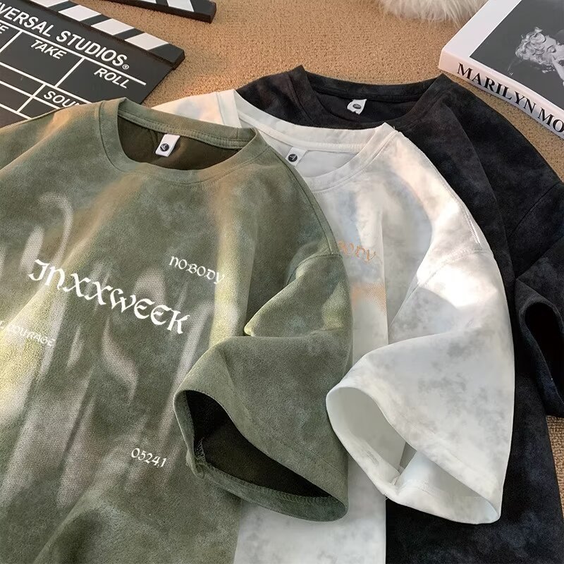 Summer trendy brand American heavy-duty pure cotton short-sleeved T-shirt for men, loose large-sized half-sleeved washed distressed T-shirt base layer pic 12