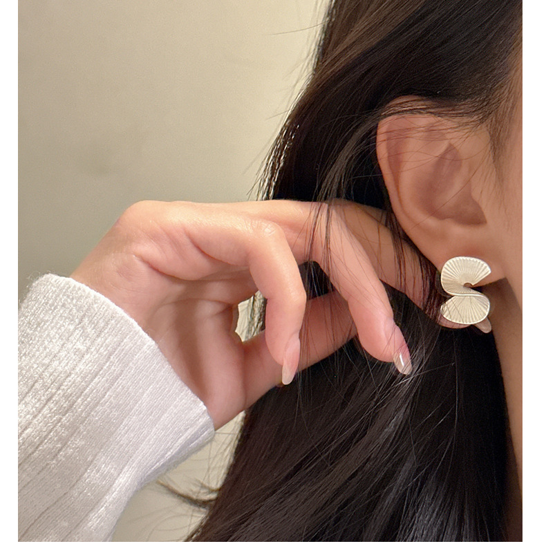 S925 sterling silver Korean version niche design fan-shaped stud earrings, a matte retro earring accessory with a Korean fashionable feel pic 15