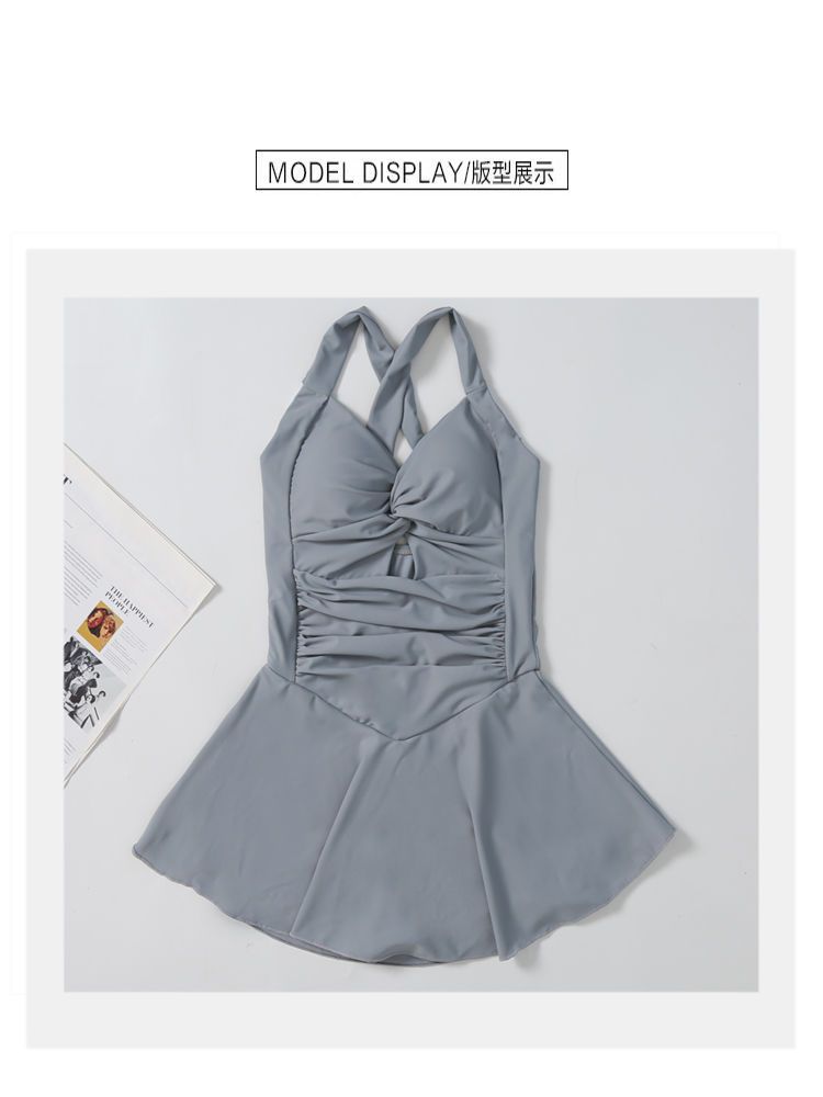 温泉泳衣女时尚爆款纯色显瘦遮肉连体裙式保守收腰性感游泳衣批发-028407详情15