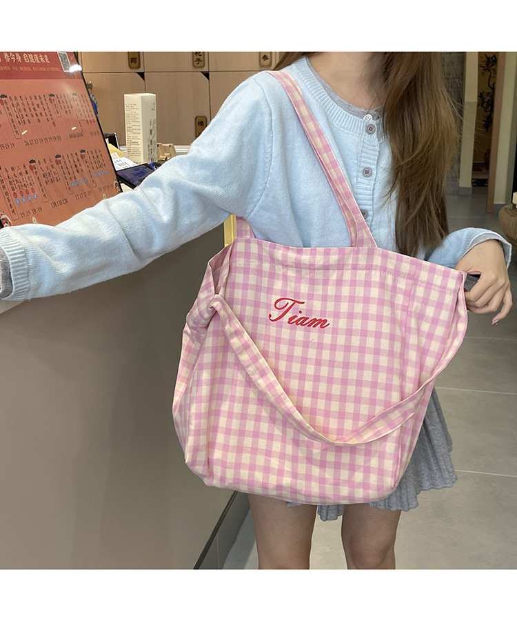 ins风字母格纹大容量托特包女2025新款度假风单肩斜挎包购物包详情11