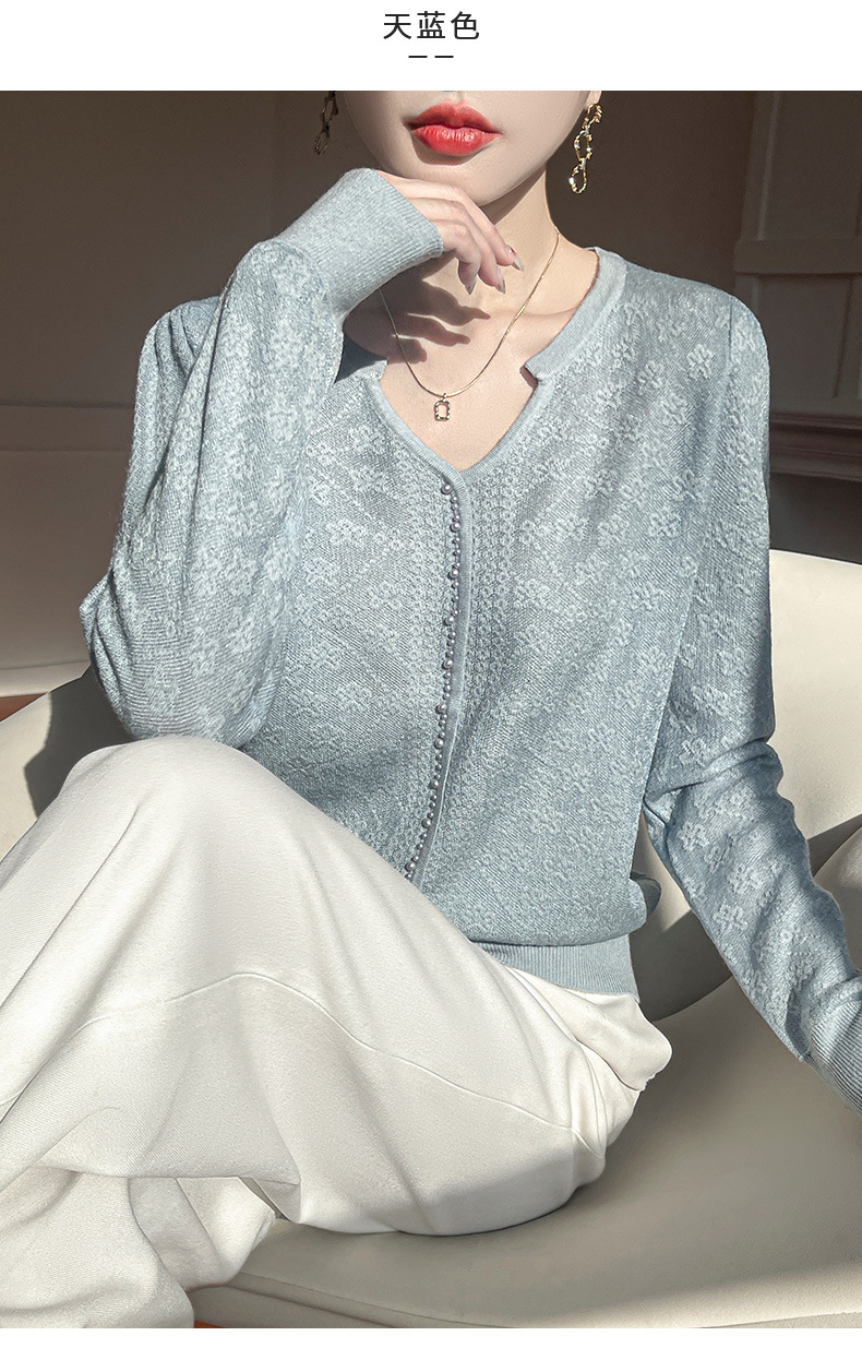 春季新款女装 精纺羊毛打底衫 气质长袖上衣 蕾丝镂空设计 珍珠扣提花针织衫 女士优雅时尚加工详情13
