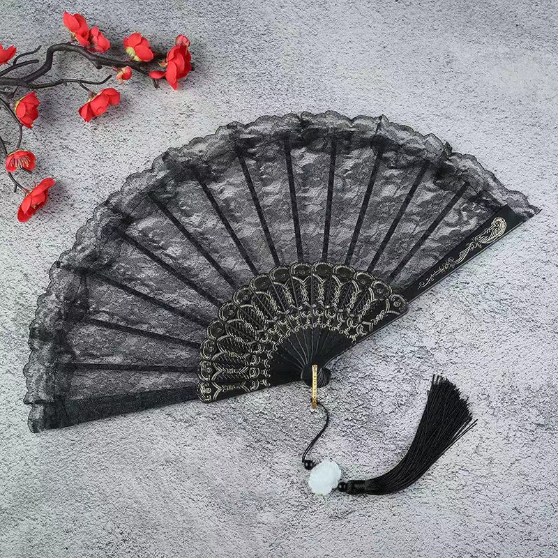 抖音同款古典洛丽塔蕾丝扇子旗袍走秀拍照折扇暗黑系蕾丝扇子详情4