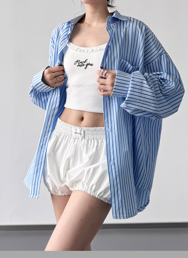 高级感蓝色条纹防晒长袖衬衫女2025超火夏装新款休闲清凉薄款衬衣详情10