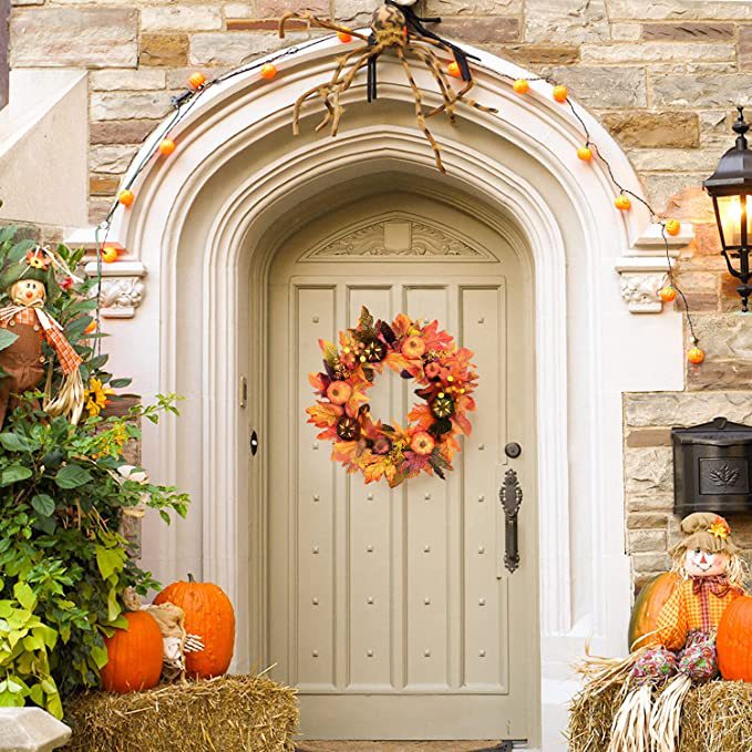 厂家定制秋季南瓜枫叶花环感恩节万圣节门饰花环藤条藤圈家居装饰详情6