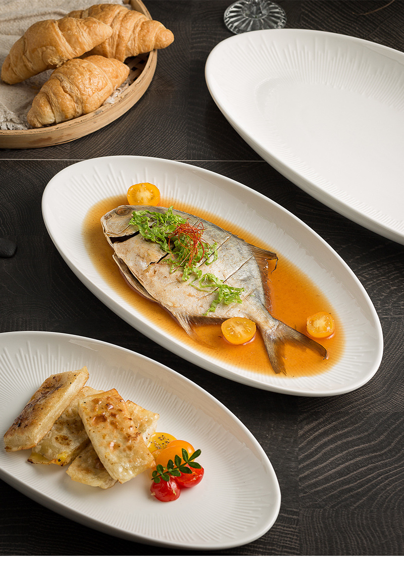 White porcelain high-end fish plate, restaurant cold dish plate, dain-shaped arrangement plate, hotel seafood plate, home high-temperature resistant steamed fish plate pic 2