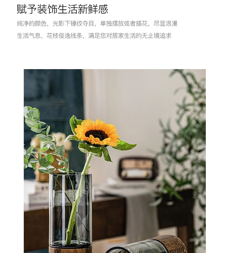 轻奢简约装饰水培花瓶摆件创意玻璃水养鲜花酒店客厅餐桌木托花瓶详情6