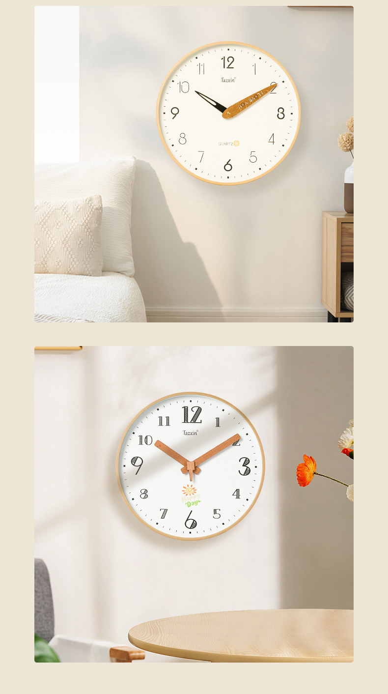 Nordic clock, imitation solid wood frame wall clock, quiet and simple living room clock, light luxury clock decoration, modern fashion, creative and individual pic 10