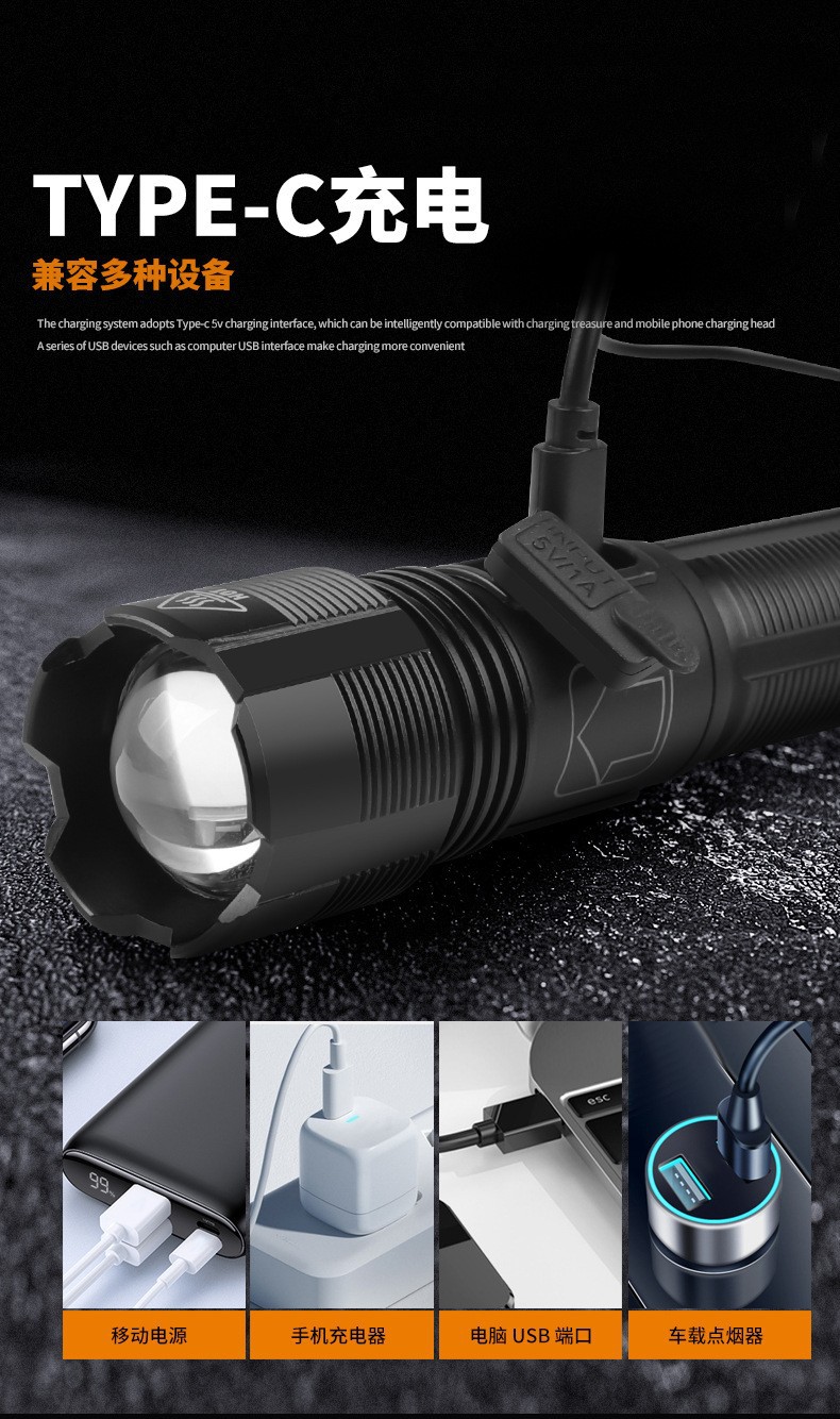 跨境新款XHP50远射USB充电便携手电COB聚光手电户外强光变焦电筒详情6