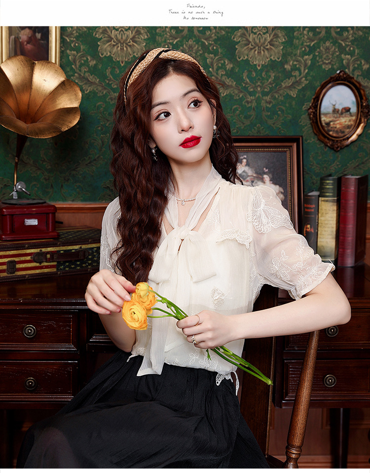 2024年夏季女装高级感蕾丝雪纺衬衫女设计感小众别致蝴蝶结衬衣详情14