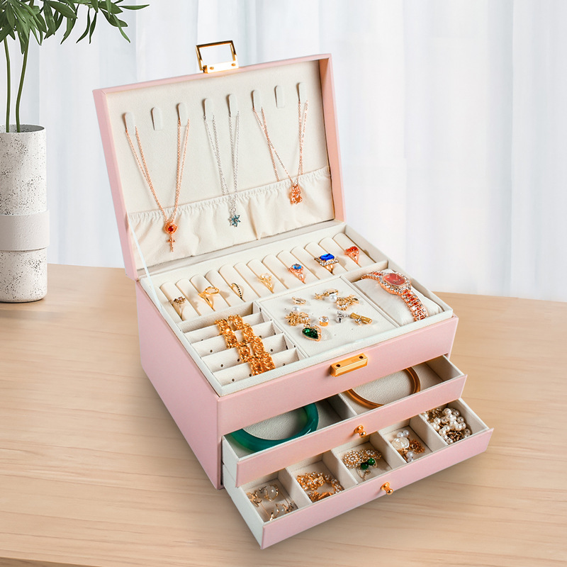 Multi-functional jewelry box, three-layer leather drawer-style jewelry, light luxury exquisite necklace, earrings and jewelry storage box pic 2