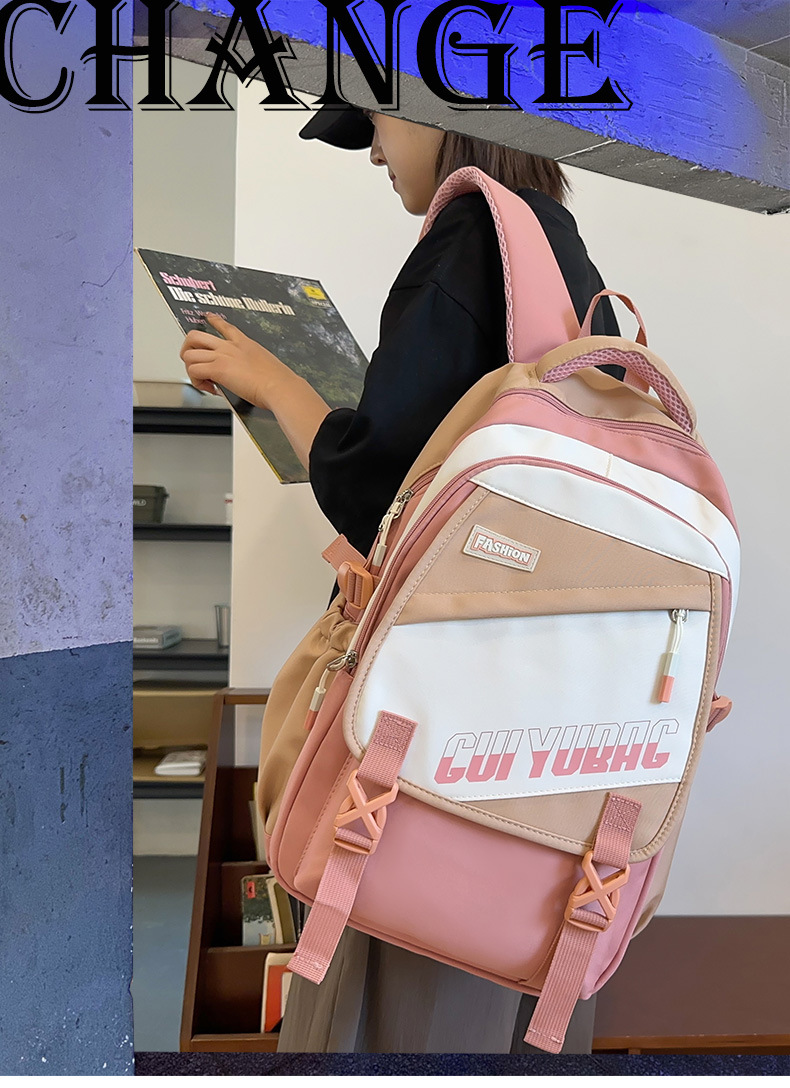 批发跨境双肩包韩版百搭书包撞色大学生高中大容量短途旅行背包详情1