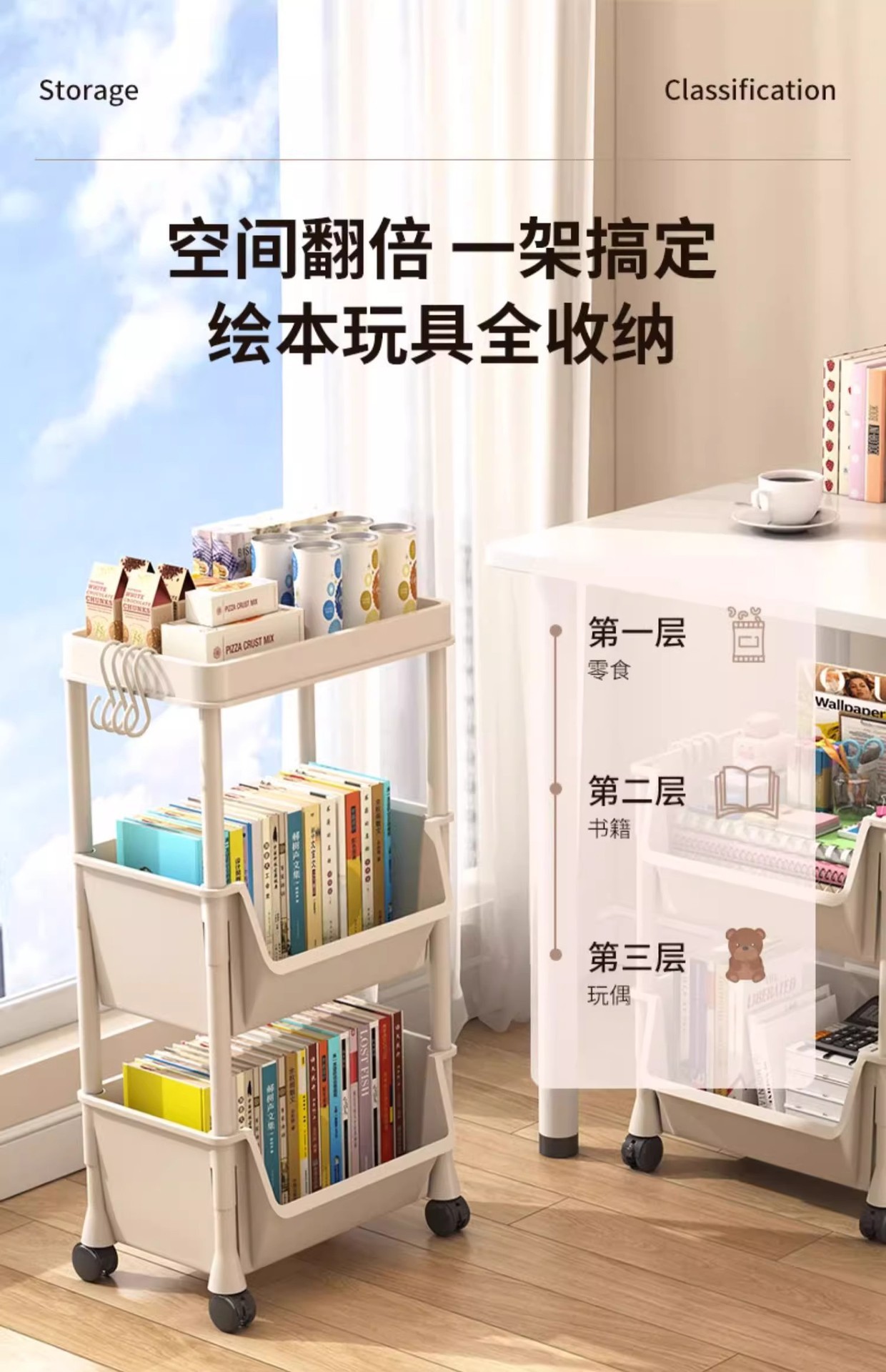 小推车置物架卧室零食落地多层客厅收纳书架移动厨房蔬菜篮子收纳详情7
