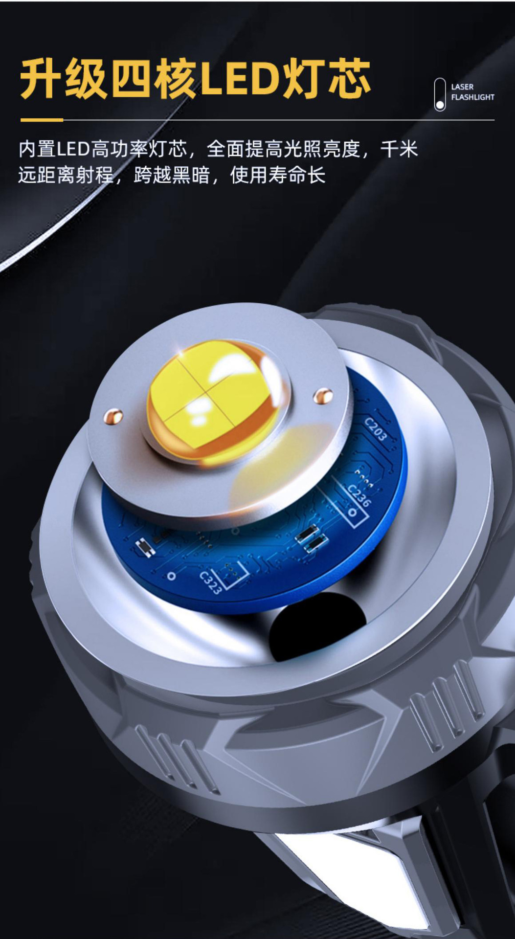 Cross-border multi-functional solar-powered charging high-intensity portable lamp, household outdoor camping red light warning emergency searchlight pic 3