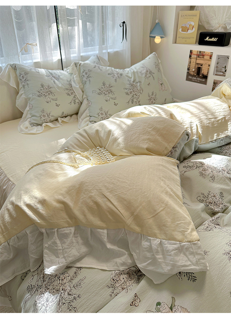 French romantic princess-style lace washed cotton four-piece set, small floral skin-friendly quilt cover, dormitory three-piece set, bed skirt style pic 13
