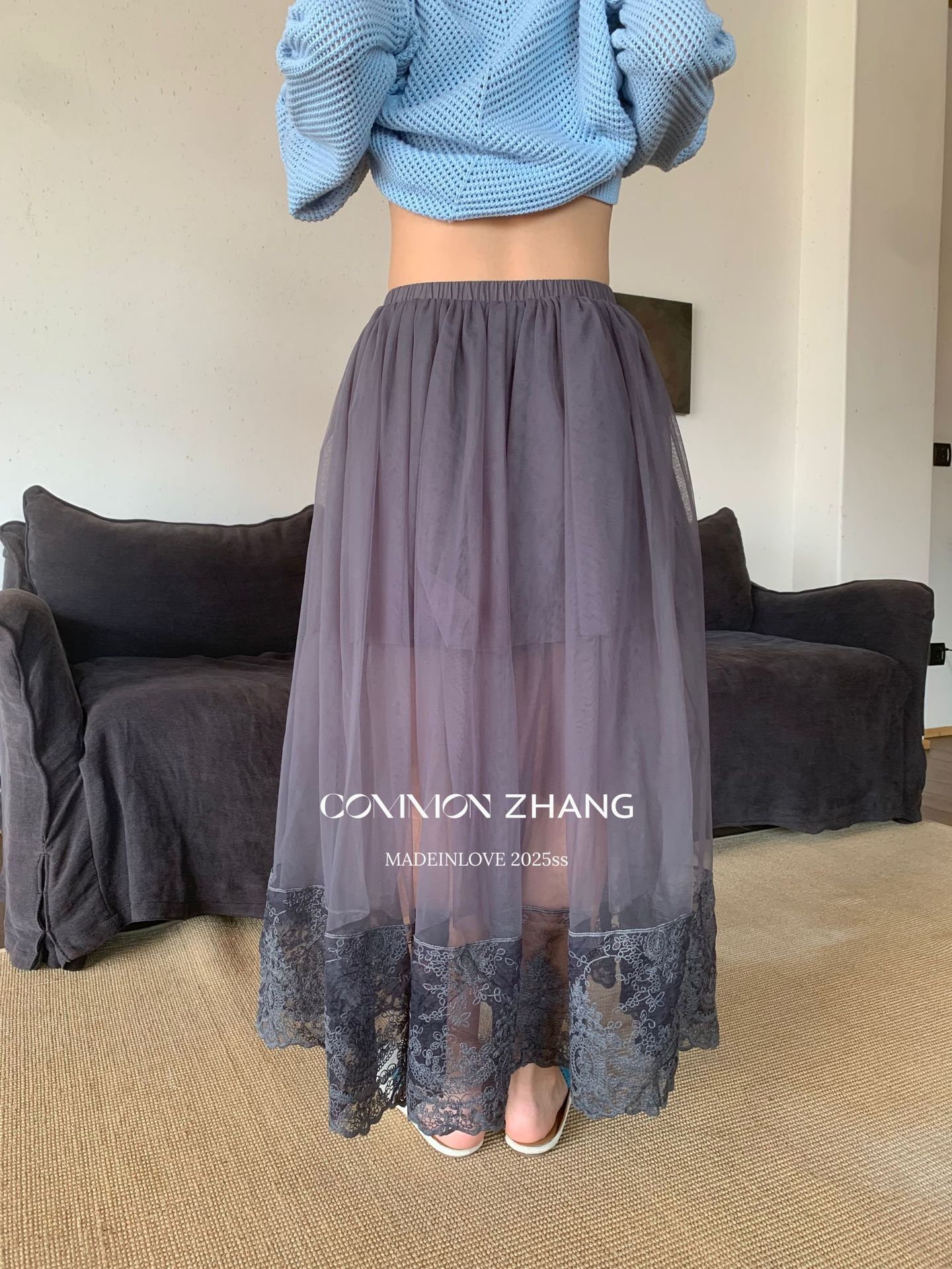 CZ ZHANG韩版网纱蕾丝拼接层次感微透高腰显瘦a字半身裙女B12103详情22