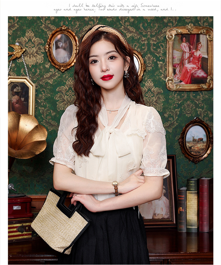 2024年夏季女装高级感蕾丝雪纺衬衫女设计感小众别致蝴蝶结衬衣详情15