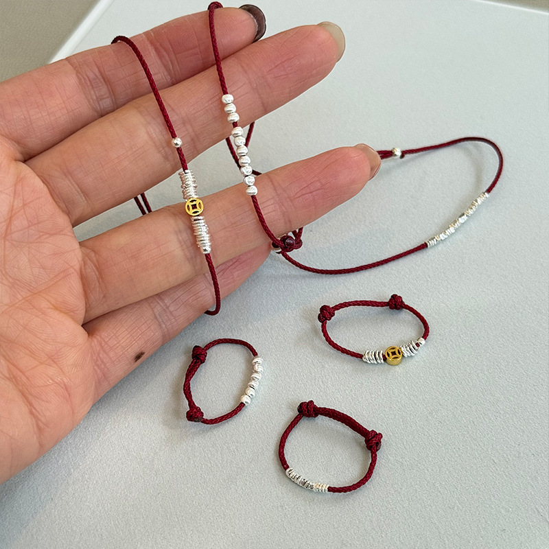 红绳套装s925纯银手工编织碎银子红绳手链女抽拉式可调节手串详情8