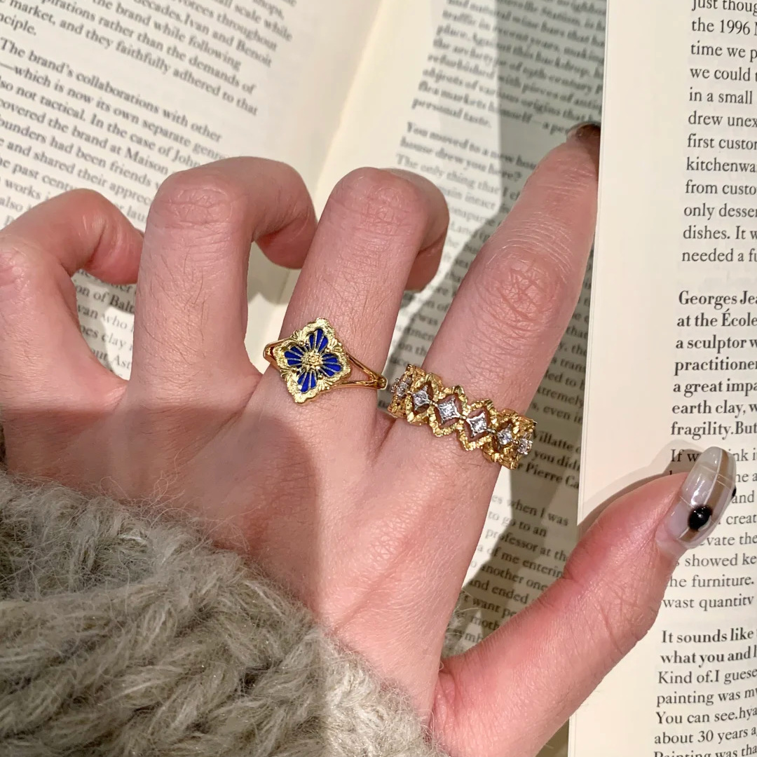 意大利布契风蕾丝花边戒指Vintage中古拉丝菱格镂空调金镶钻指环戒指饰品详情2