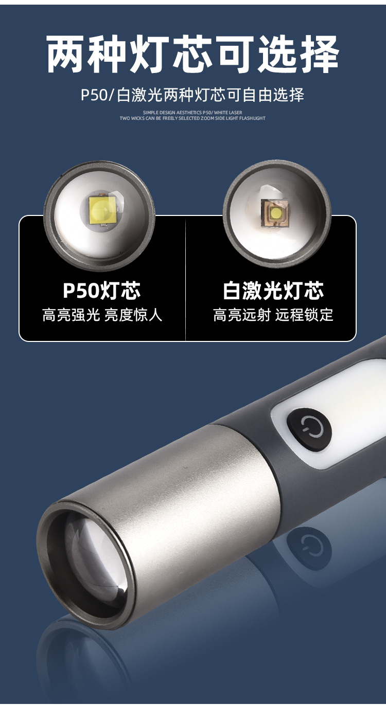 2023跨境新款铝合金大功率P50伸缩变焦强光手电USB充电户外露营灯详情4