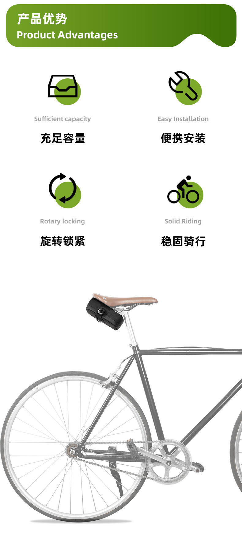 Bicycle rear package, mountain road bike saddle package, water-resistant and expandable rear seat package, bicycle accessories, rotating lock pic 2