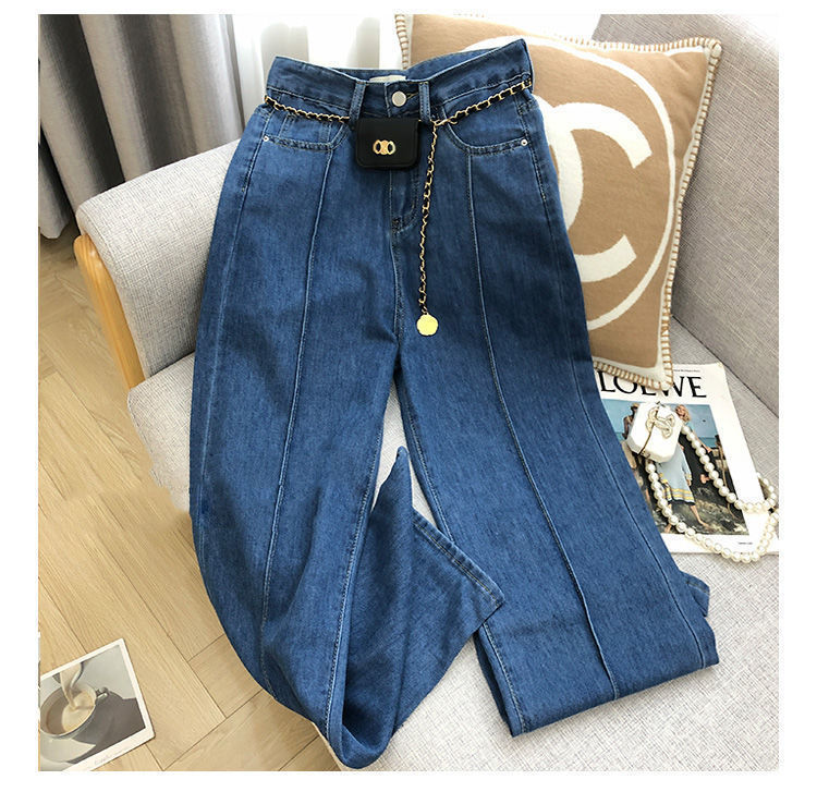 2025秋季新款蓝色设计感小众牛仔裤女韩版高腰显瘦百搭直筒阔脚裤详情5