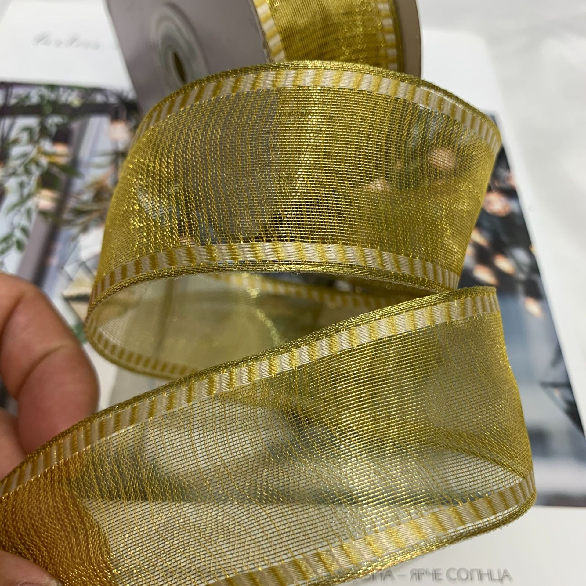 香槟色金银圣诞树装饰织带 铁丝边礼品袋包装丝带 圣诞节点缀装饰带详情2