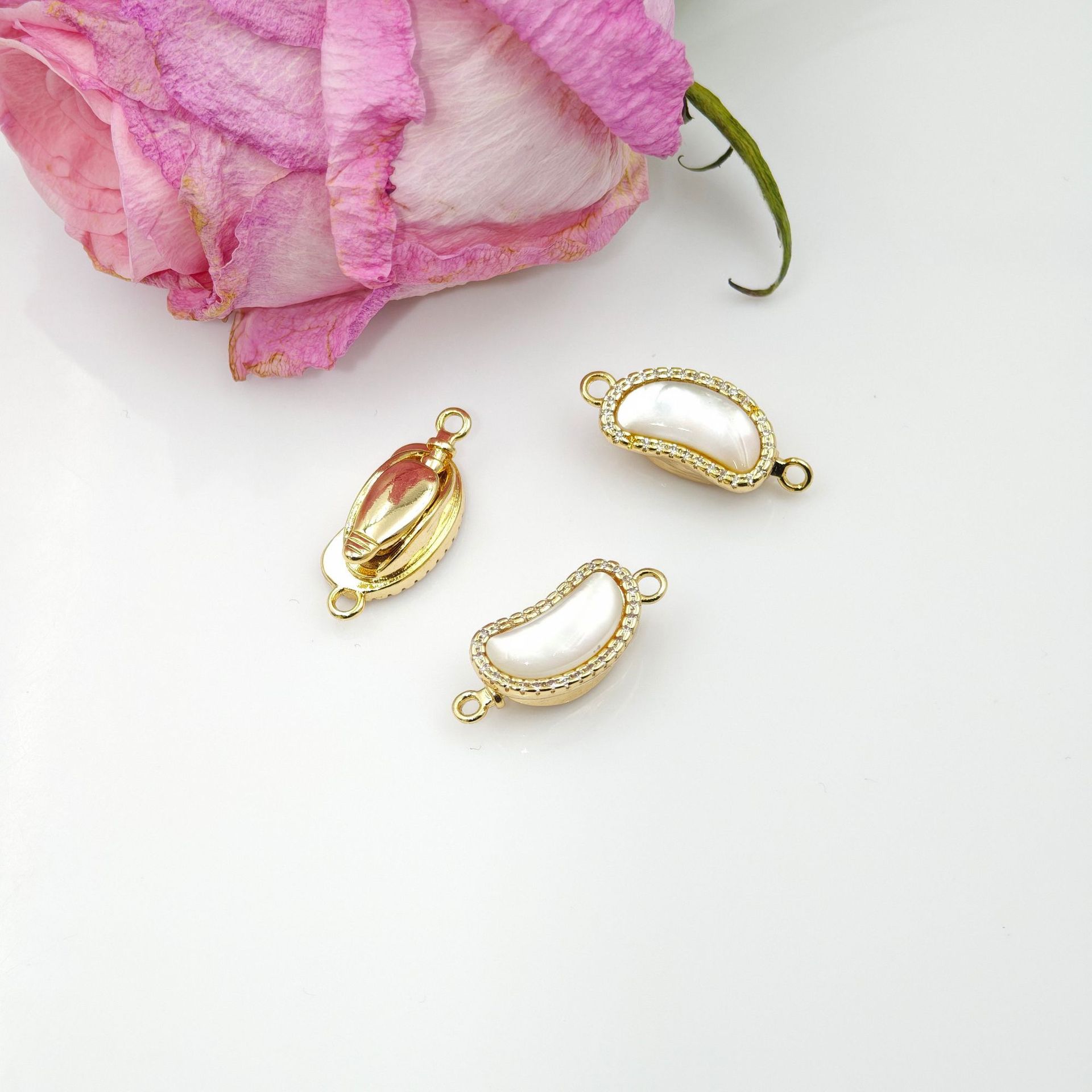 Pearl necklace, ingot clasp, cashew nuts, white scallops, diy accessories, handcrafted end connection clasp, bracelet, stick press clasp pic 9