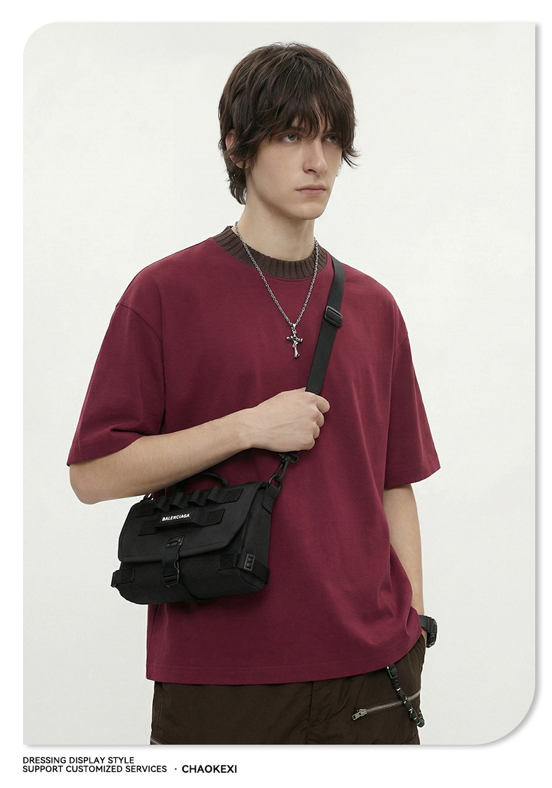 Summer new knitted patchwork color-blocking collar 100% cotton short-sleeved American trendy brand versatile short T-shirt top for men pic 14