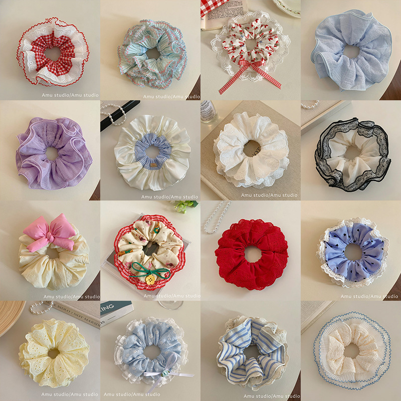 韩系少女心马卡龙色蕾丝花边重工大肠发圈温柔甜美碎花蝴蝶结发饰女头饰饰品详情2