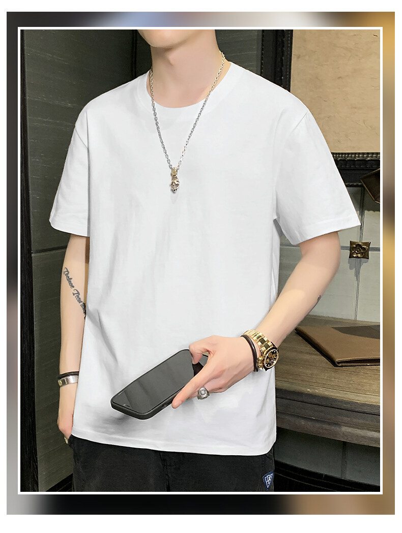 Pure cotton short-sleeved T-shirt for men, Hong Kong-style loose T-shirt, small drop shoulder, combed cotton, oversized, high-quality solid color base pic 17