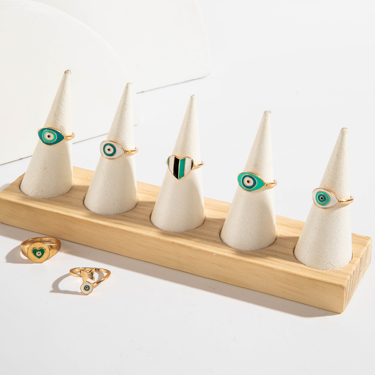 欧美跨境复古金属仿祖母绿镶钻戒指套装设计感爱心蛇形戒指套装女详情24