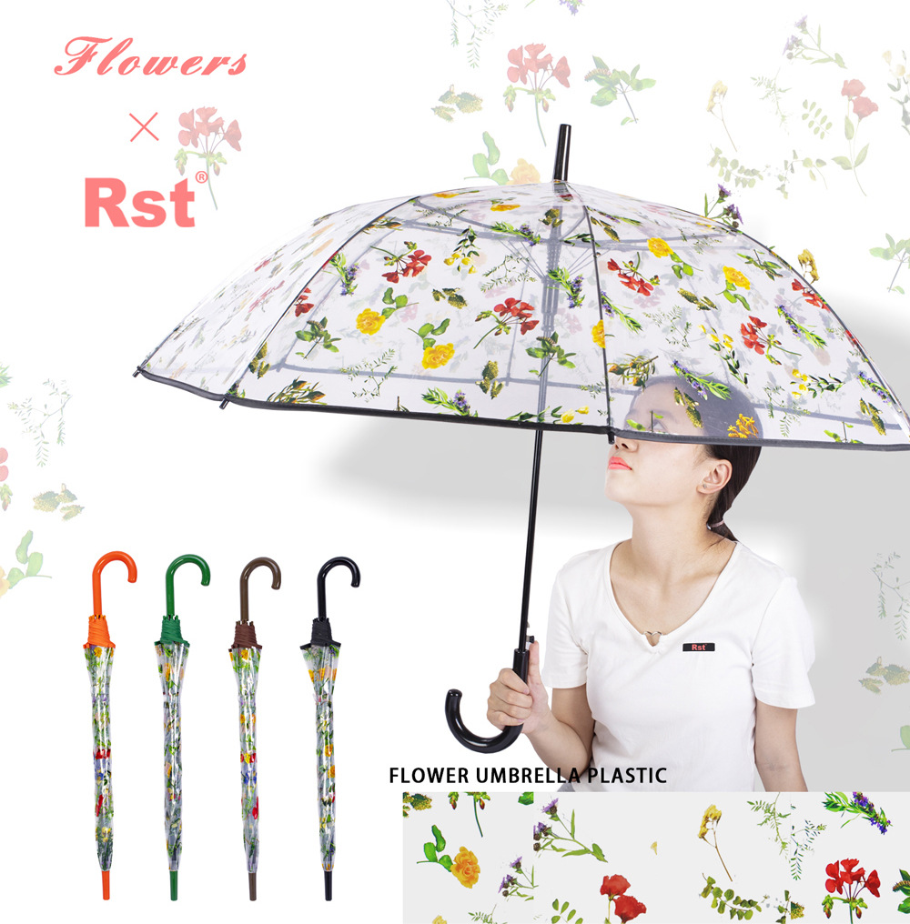 RST新品透明伞带图案富贵花朵成人塑料雨伞批发自动开彩色印刷伞详情2