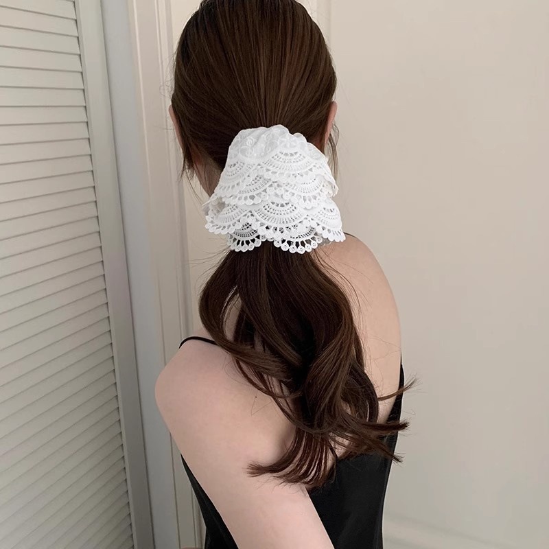 Korean-style large intestine hair band with a high-end feel, a large beige double-layer lace large intestine hair band at the back of the head, a ponytail hair band pic 8
