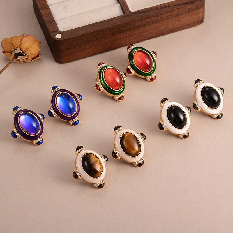 French retro glass oval earrings, unique diamond-encrusted court style, distinctive stud earrings, tiger eyes, high-end earrings for women pic 18
