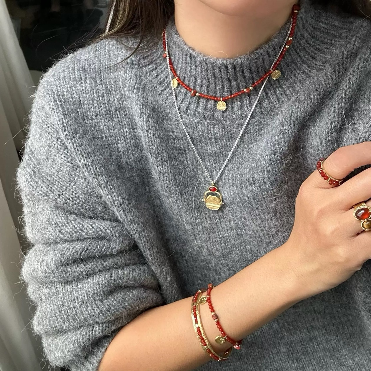 WEN*KISS系列红玛瑙项链过年新中式雕刻纹理本命年款串珠项链手链详情7